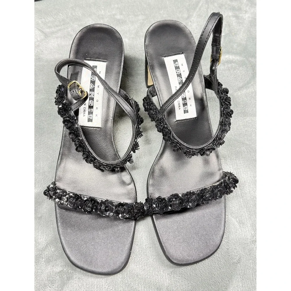 Transit New York Womens 7M Black Sequin Floral Sandals Block Heel